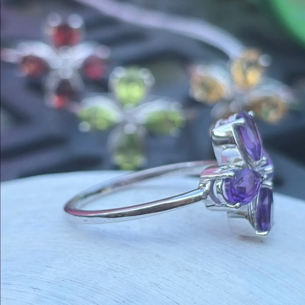 Natural 3.20 carat Genuine Amethyst Pear Cut 4-leaf clover ring Size 8